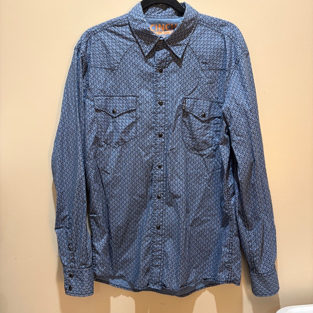 Cinch Modern Fit Mens Blue Geometric Western Snap Front Long Sleeve Shirt M